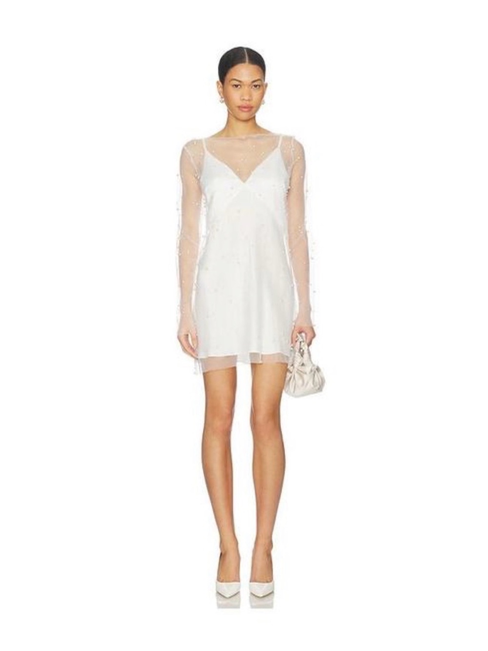 Shona Joy White Pearl-Embellished Sheer-Sleeve Mini Dress NEW WITH TAGS